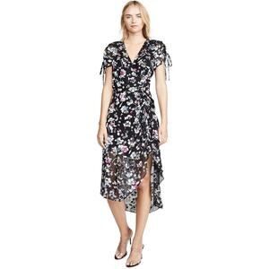 Parker Short Sleeve Wrap Front Ruched Midi Dress Black Floral Size 10 NWT